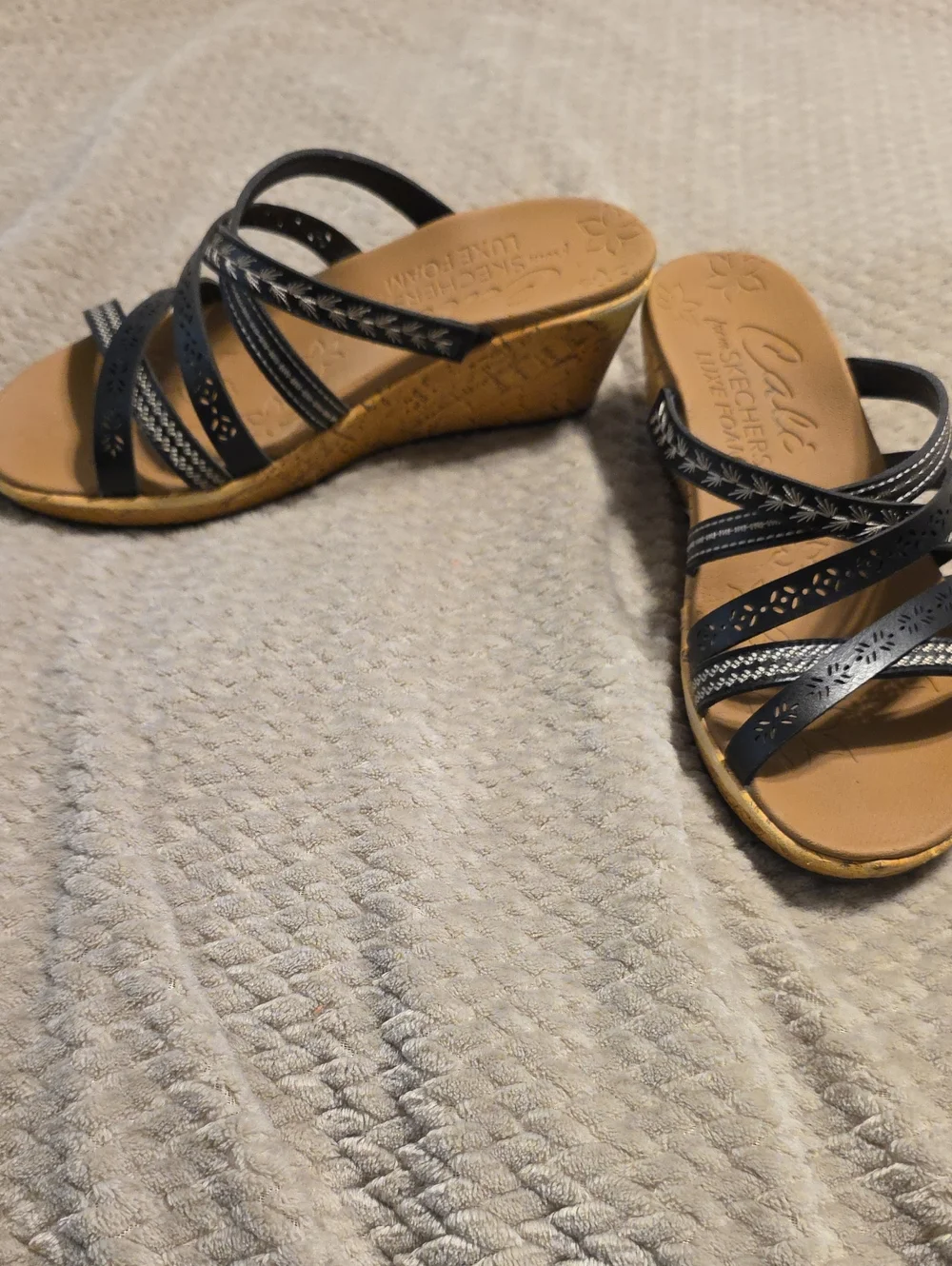 Skechers Black Strappy Wedge Sandals with Tan Cork-Look Heel